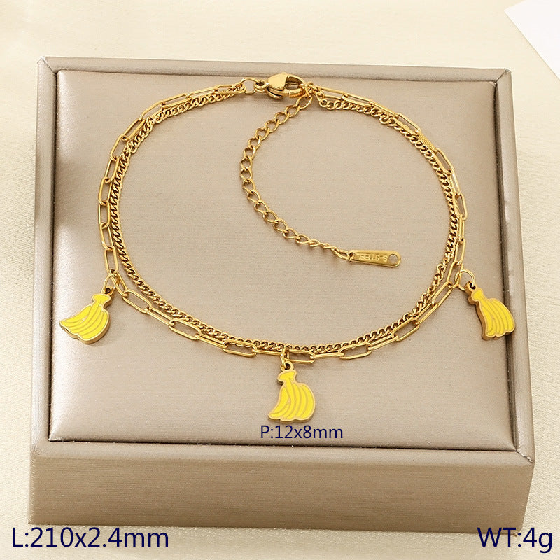 New fresh and sweet fruit series cherry strawberry apple dragon fruit pendant stainless steel double layer stacked anklet