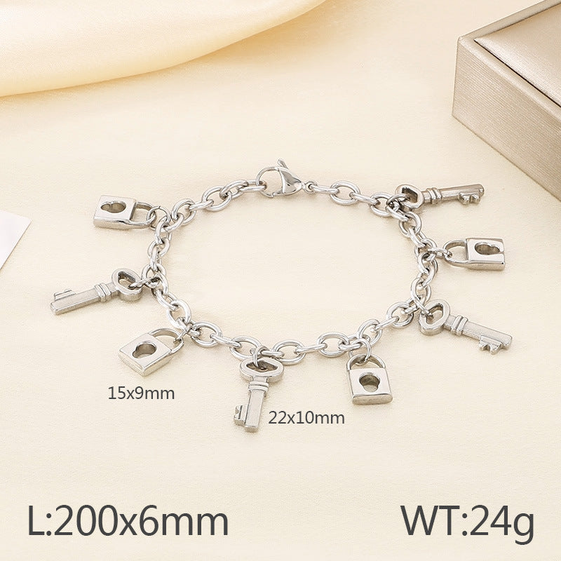 ins wind love element key lock tag pendant stainless steel bracelet trend retro titanium steel plated 18K gold jewelry