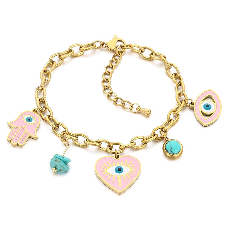 Cross-border fashion personality dripping pink stainless steel love devil eye blue turquoise pendant palm chain bracelet