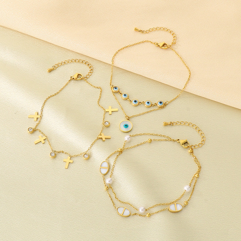 Cross-border stainless steel devil's eye cross anklet ins wind 18k gold foot pendant premium bare anklet jewelry