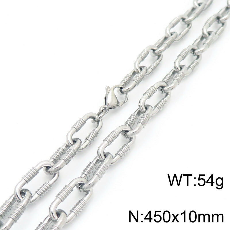 Cross-border cold wind stainless steel threaded bracelet necklace personalized Cuban thick buckle ring unisex jewelry two-piece set