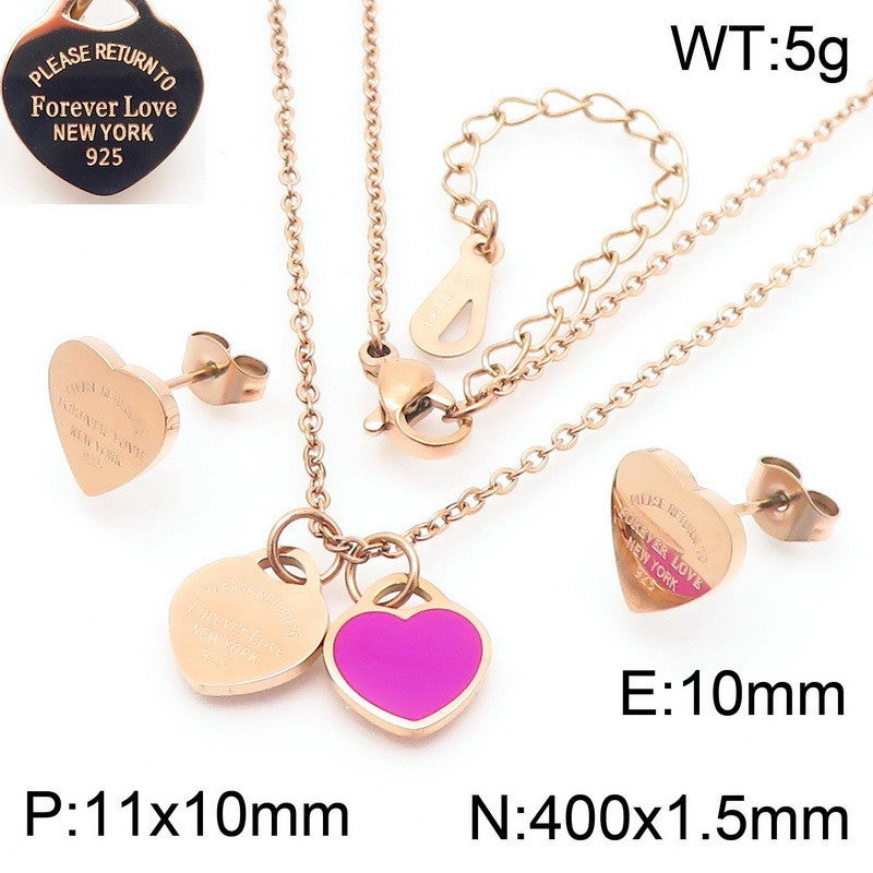 Gold Heart Charm Jewelry Set with Green Enamel Pendant