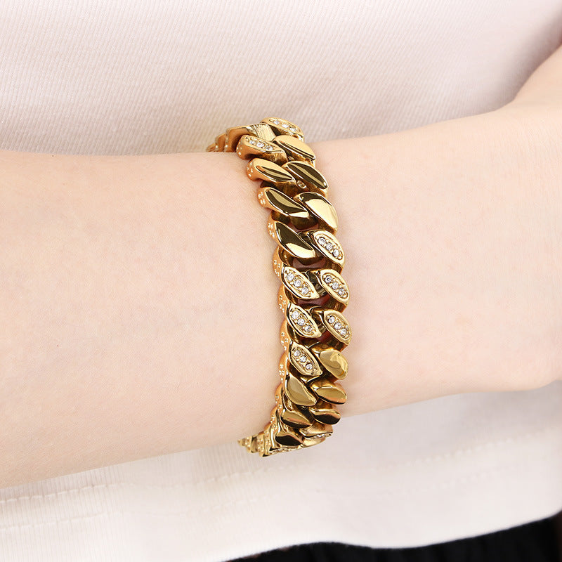Fashion Trend Creative Design Diamond-encrusted Stainless Steel Cuban Chain Bracelet Vacuum Plated 18k Gold Couple Bracelet