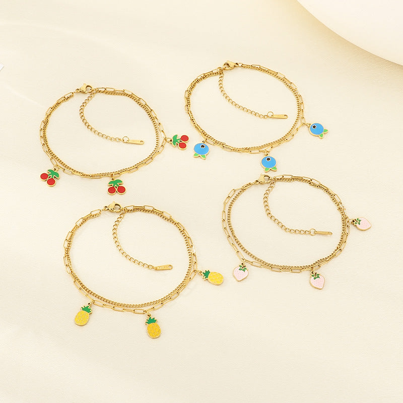 New fresh and sweet fruit series cherry strawberry apple dragon fruit pendant stainless steel double layer stacked anklet