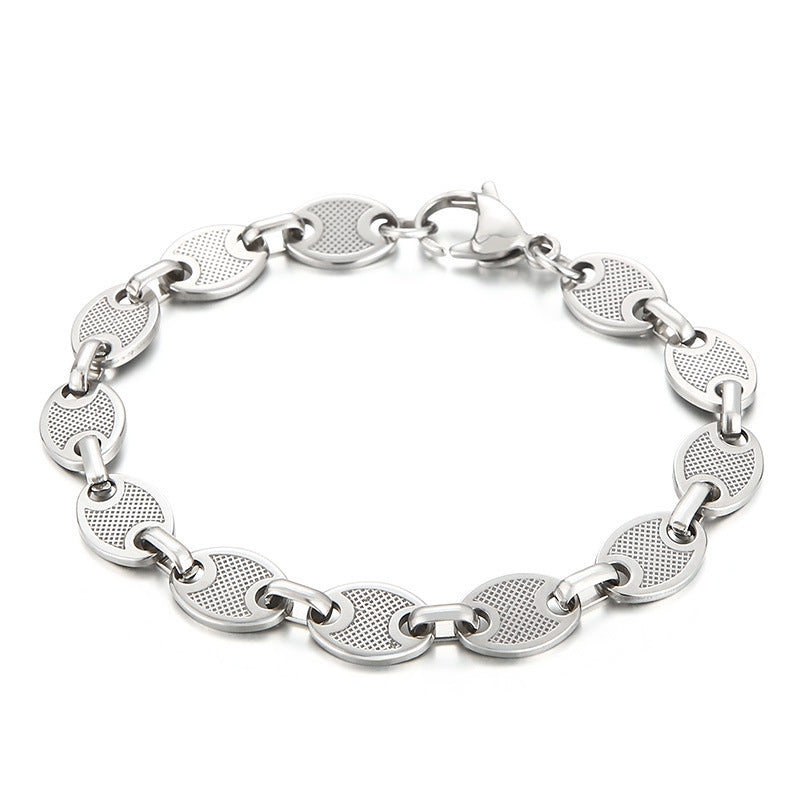 Simple high-end sense versatile fashion coffee bean pig nose stainless steel plated 18K gold titanium steel bracelet spot