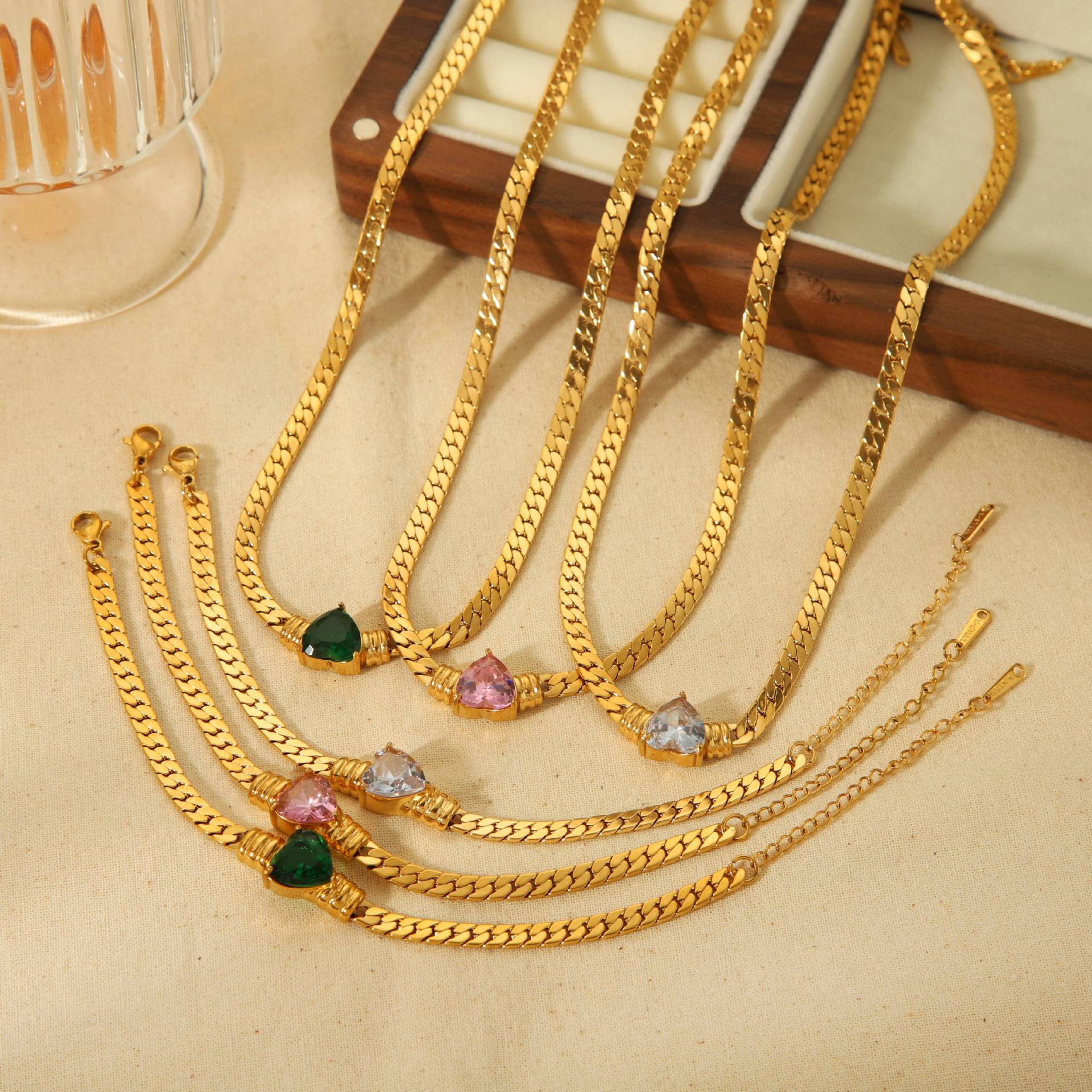 European and American ins love color zircon necklace 18K gold stainless steel simple light luxury bracelet high-end sense jewelry set