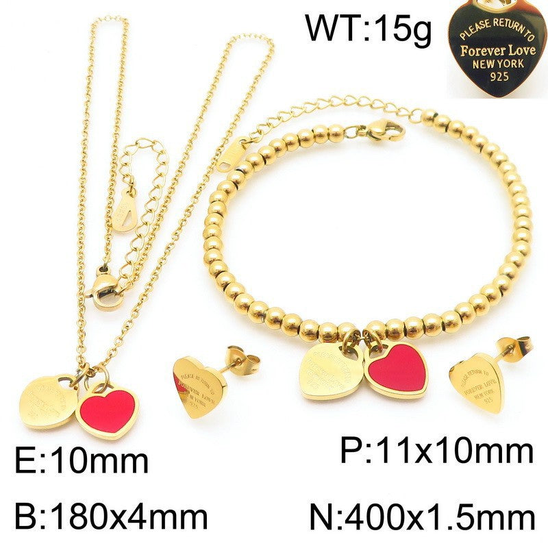 Gold Heart Charm Jewelry Set with Green Enamel Pendant