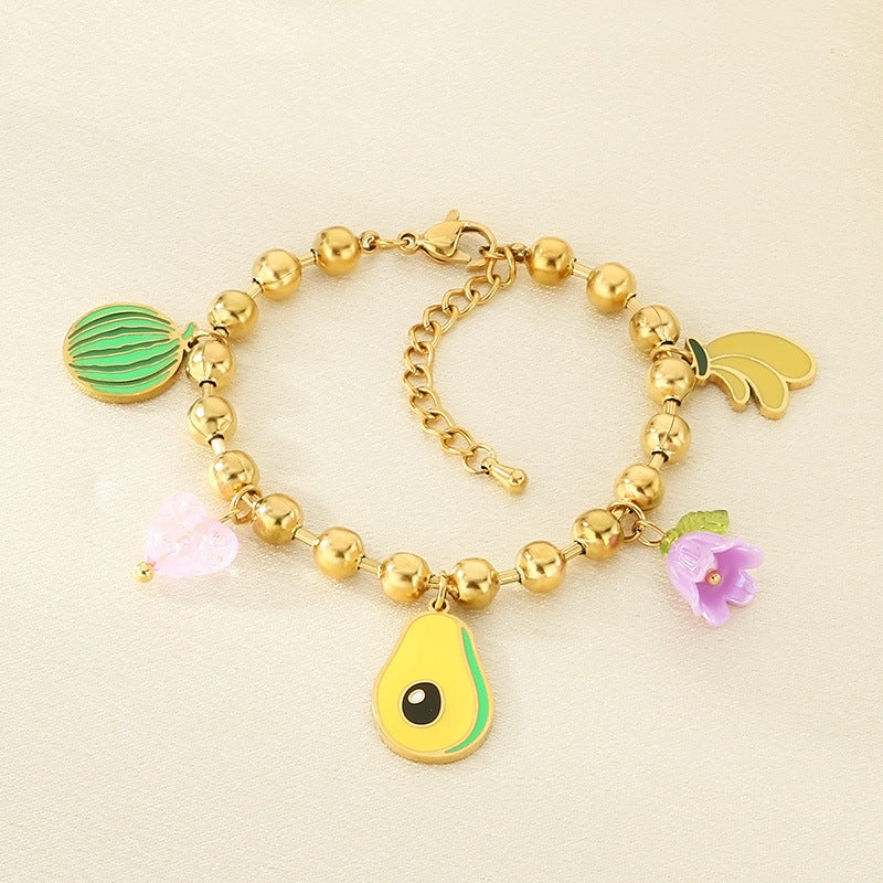 New stainless steel pastoral fruit series color drip glue strawberry avocado watermelon element pendant bracelet