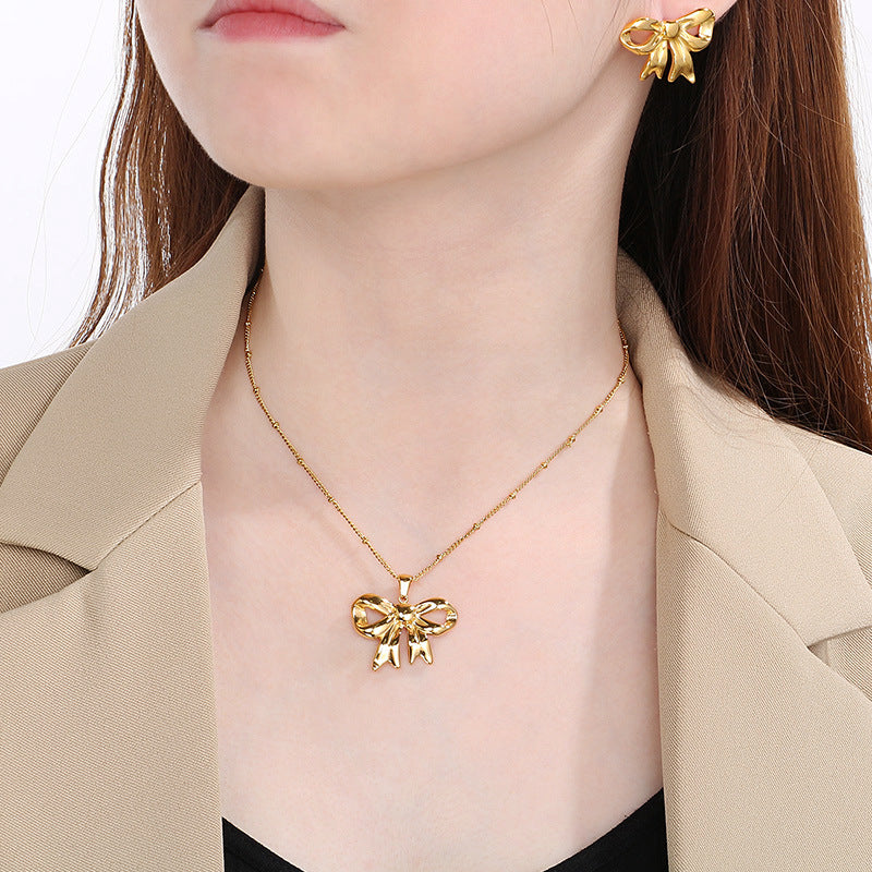 Minimalist Bow Pendant & Stud Earrings