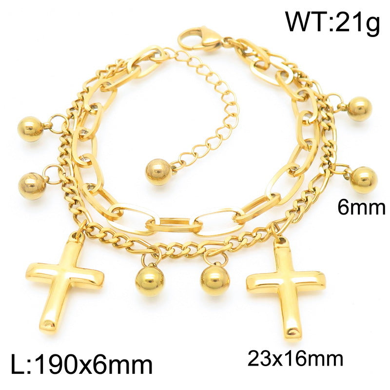 Simple and versatile ins wind double-layer stacked chain cross pendant stainless steel bracelet titanium steel jewelry