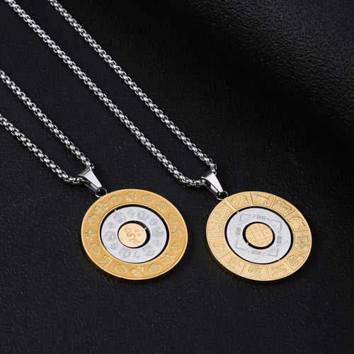 Classic creative titanium steel round plate rotatable twelve zodiac signs Jiugong Bagua Manjushri pendant stainless steel pendant necklace