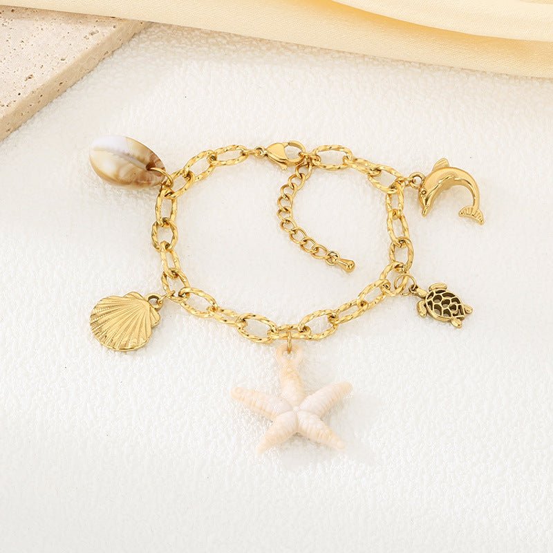 Seaside resort style stainless steel starfish turtle shell dolphin pendant bracelet plated 18K gold conch shell hand ornament