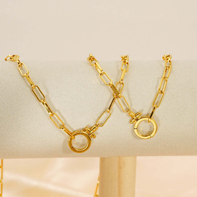 European and American ins style simple and atmospheric stainless steel necklace fashion niche paper clip bracelet 18k gold set