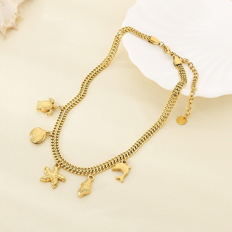 European and American cross-border niche personality 18K gold stainless steel double-layer side chain necklace female ocean wind versatile collarbone chain