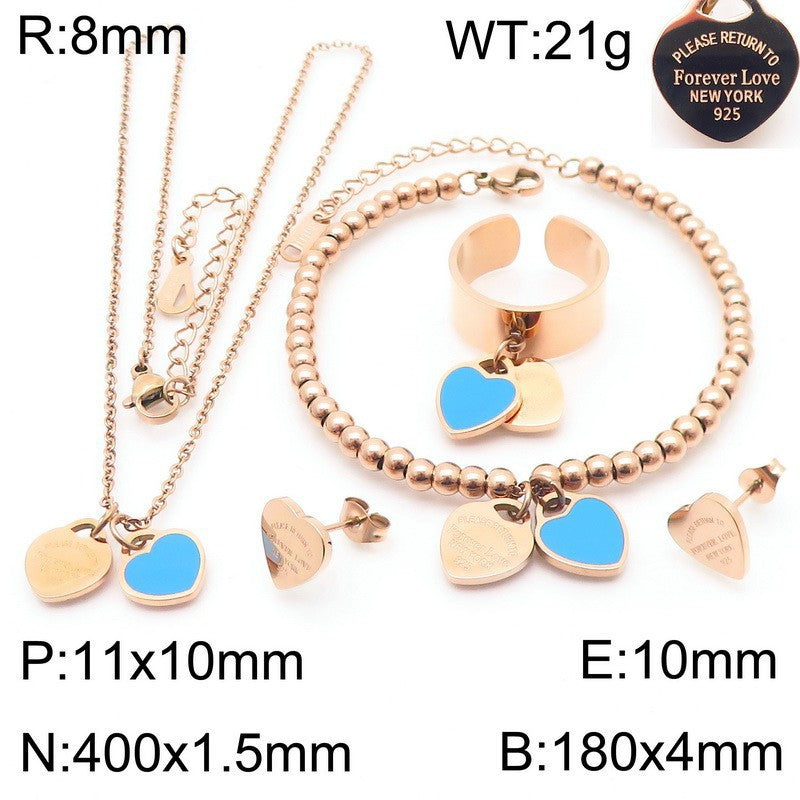Gold Heart Charm Jewelry Set with Green Enamel Pendant