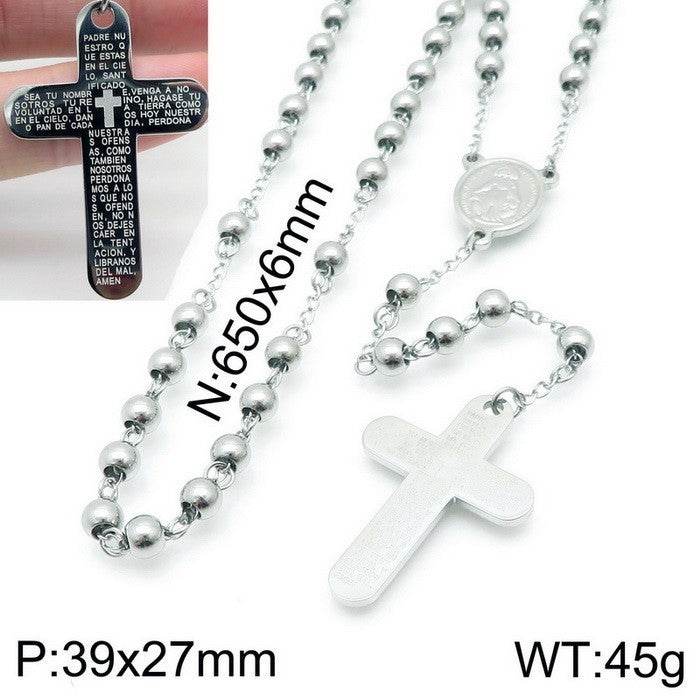 Cross-border European and American ins stainless steel niche design cross retro round bead necklace titanium steel collarbone chain necklace decoration women