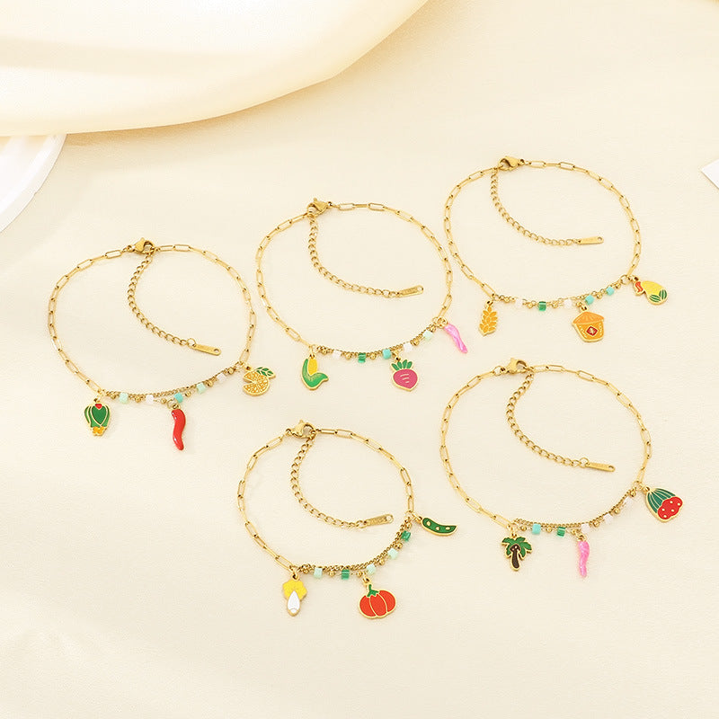 INS fresh and fashionable stainless steel double chain cartoon fruit pendant anklet titanium steel holiday jewelry foot decoration