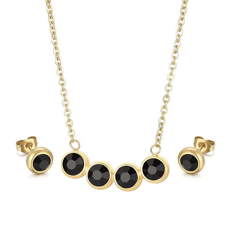 Cross-border popular set jewelry, stainless steel girls short rhinestone collarbone chain hip-hop necklace stud earrings two-piece set