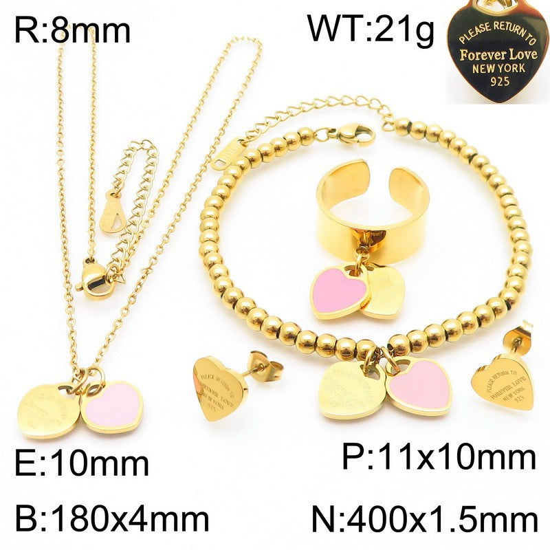 Gold Heart Charm Jewelry Set with Green Enamel Pendant