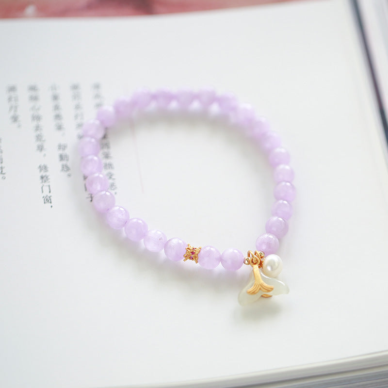 天然6MM紫锂辉手链S925银淡水珍和田玉珠美人鱼尾手串