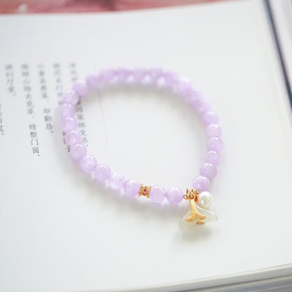 天然6MM紫锂辉手链S925银淡水珍和田玉珠美人鱼尾手串