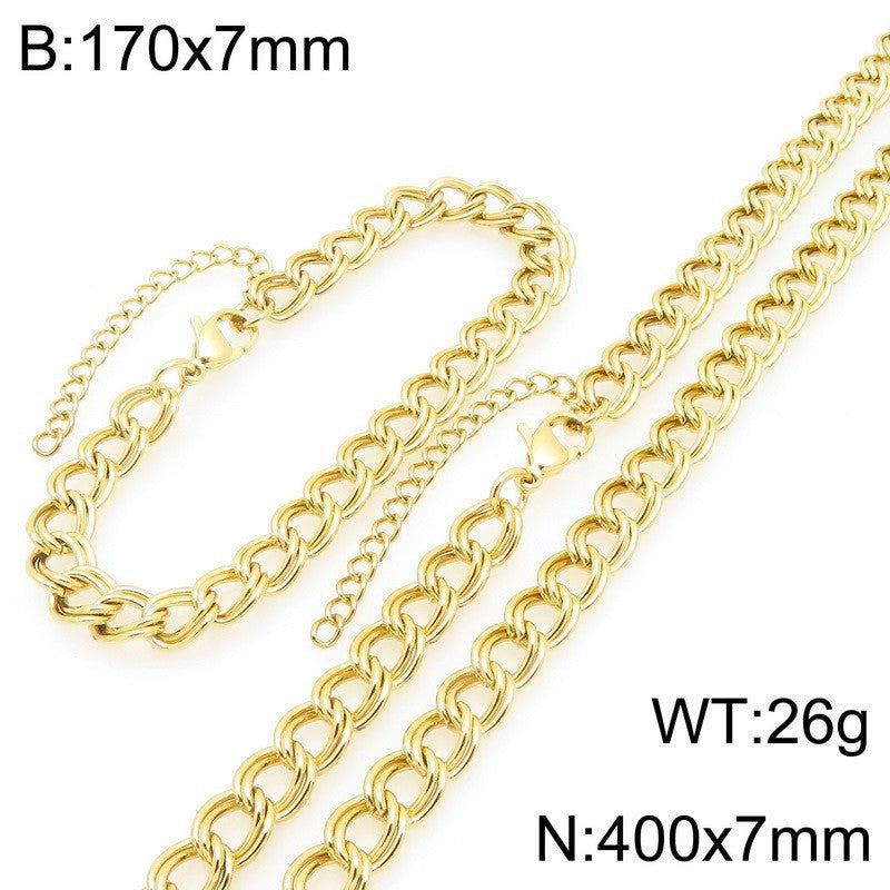European and American cross-border jewelry stainless steel double-circle side chain women's INS style personalized hip-hop 18K gold collarbone chain necklace