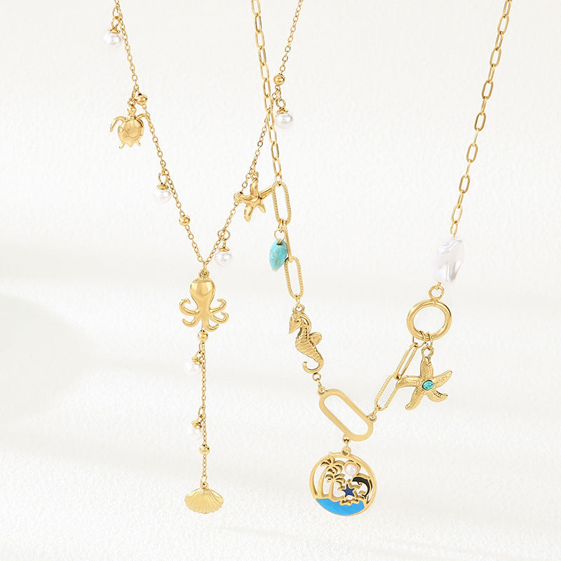 Cross-border stainless steel pearl necklace ocean series fringed starfish sea turtle pendant women's vacation style seaside necklace