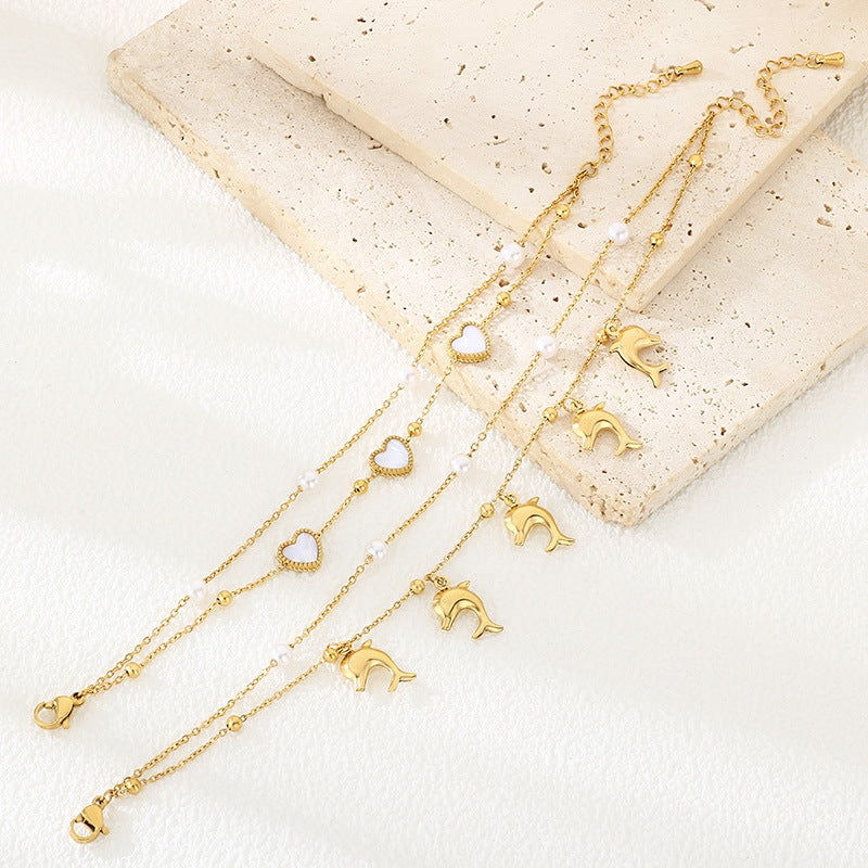 ins wind summer beach vacation ocean wind stainless steel love pendant bracelet stacked with stainless steel dolphin anklet