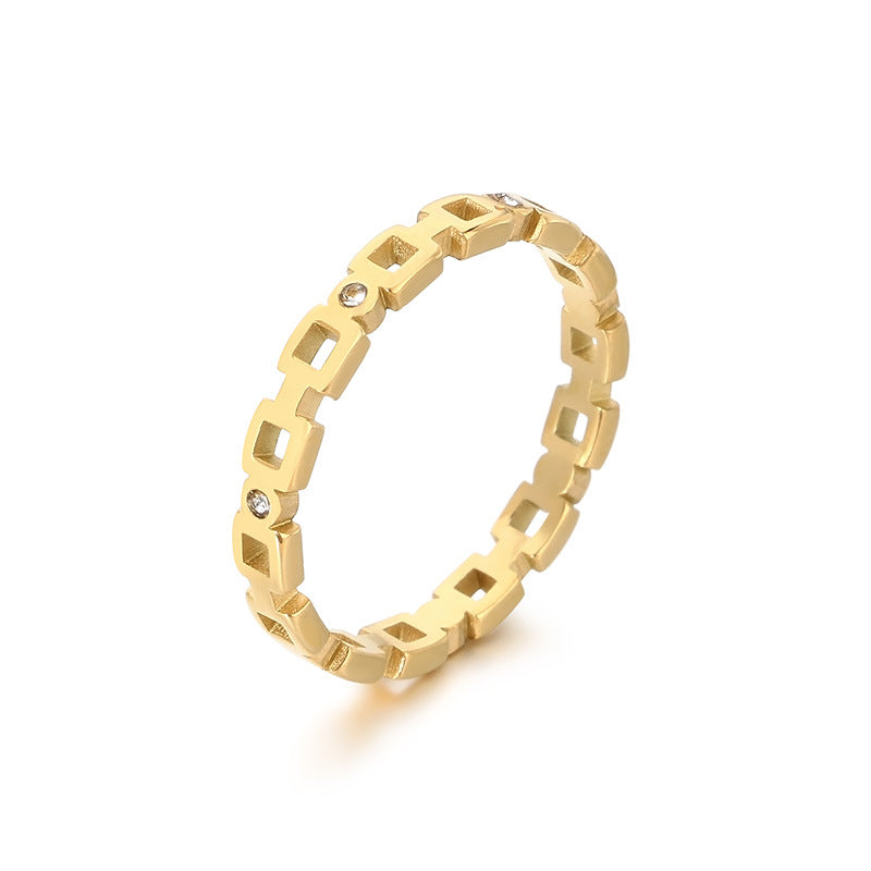 Stylish and simple high-end cut hollow square diamond chain stainless steel ring titanium steel ring ring jewelry