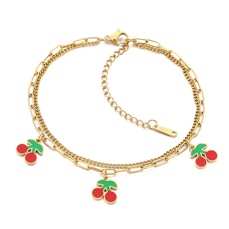 New fresh and sweet fruit series cherry strawberry apple dragon fruit pendant stainless steel double layer stacked anklet