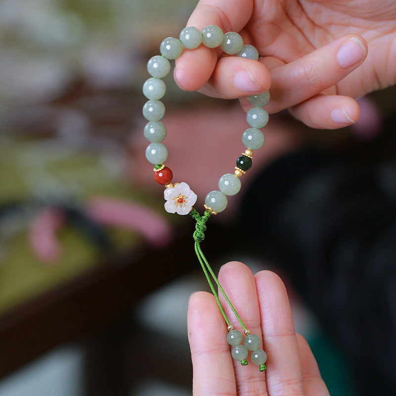 天然8MM和田玉圆珠单圈手链S925银镀金隔片两世欢手串