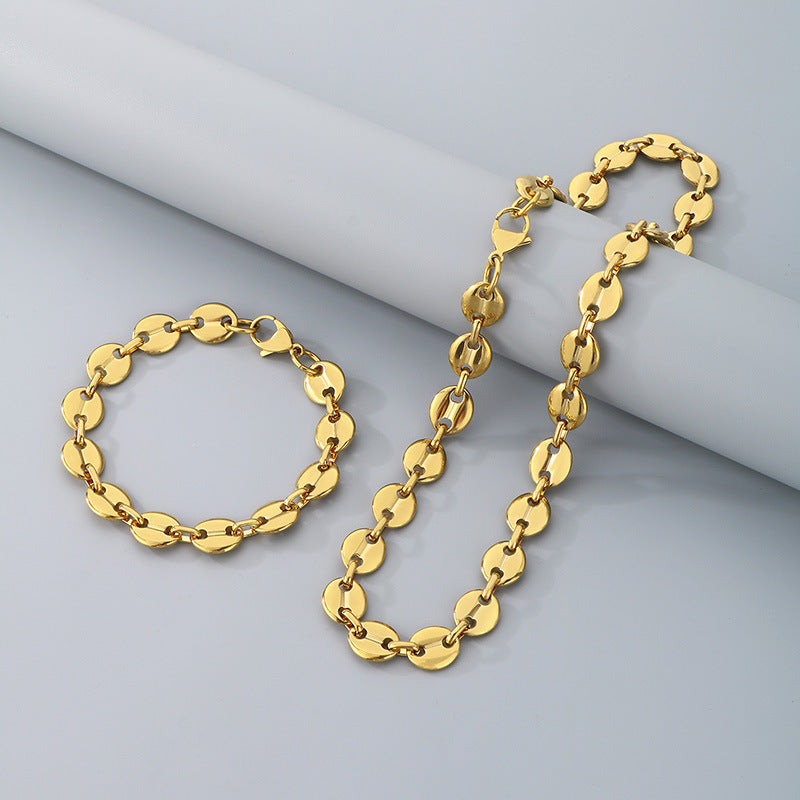 Simple high-end stainless steel pig nose coffee bean bracelet necklace chain vacuum 18k gold pig nose chain set