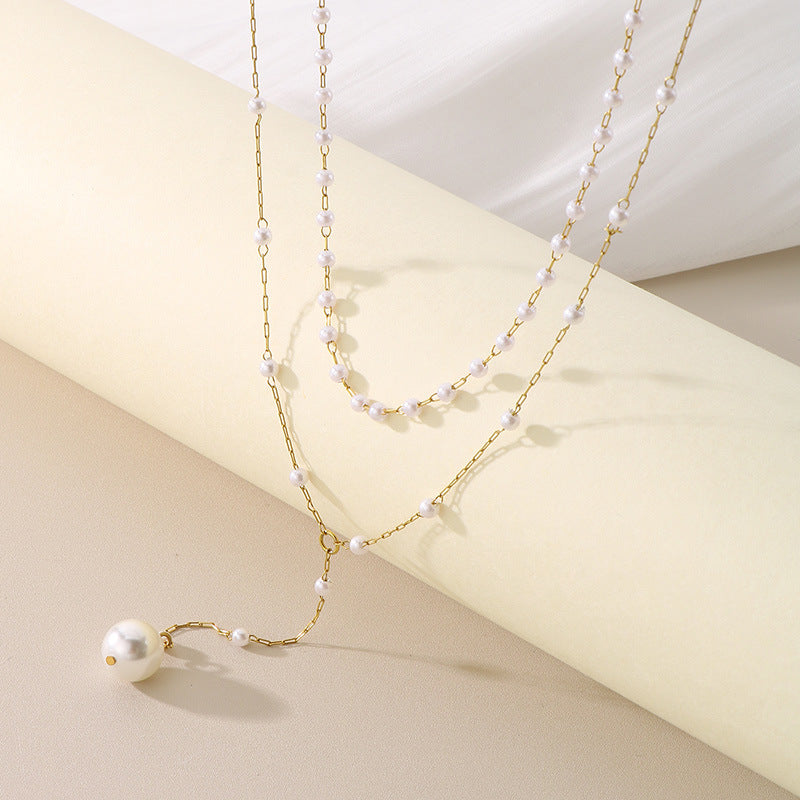 Layered Pearl Drop Chain Necklace