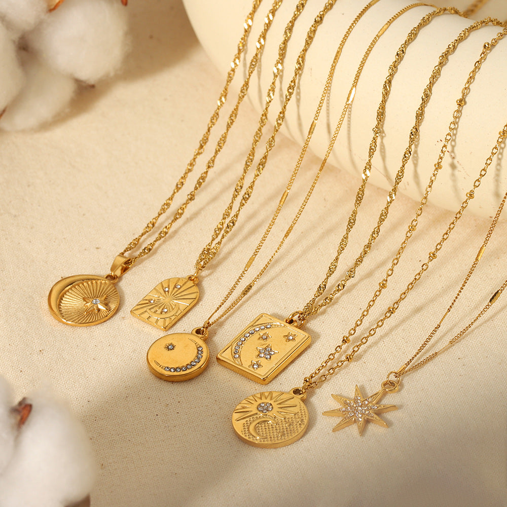 European and American light luxury titanium steel women's necklace 18K gold stainless steel diamond octagram moon pendant high-end sense item decoration