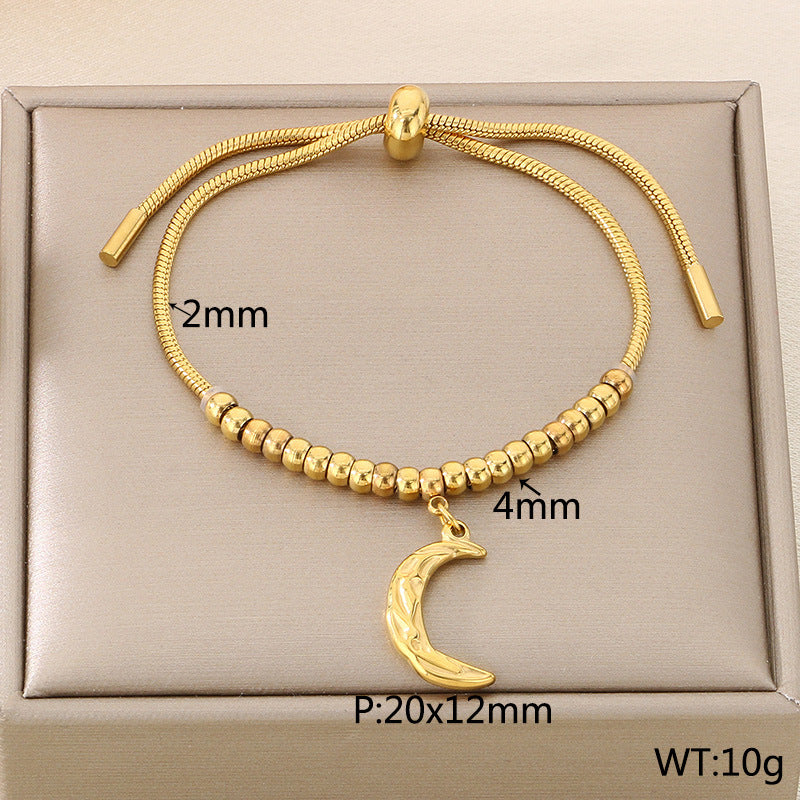 ins Fashion Versatile Pentagram Moon Stainless Steel Pendant Beaded Pulling Rope Adjustable Bracelet Titanium Steel Jewelry