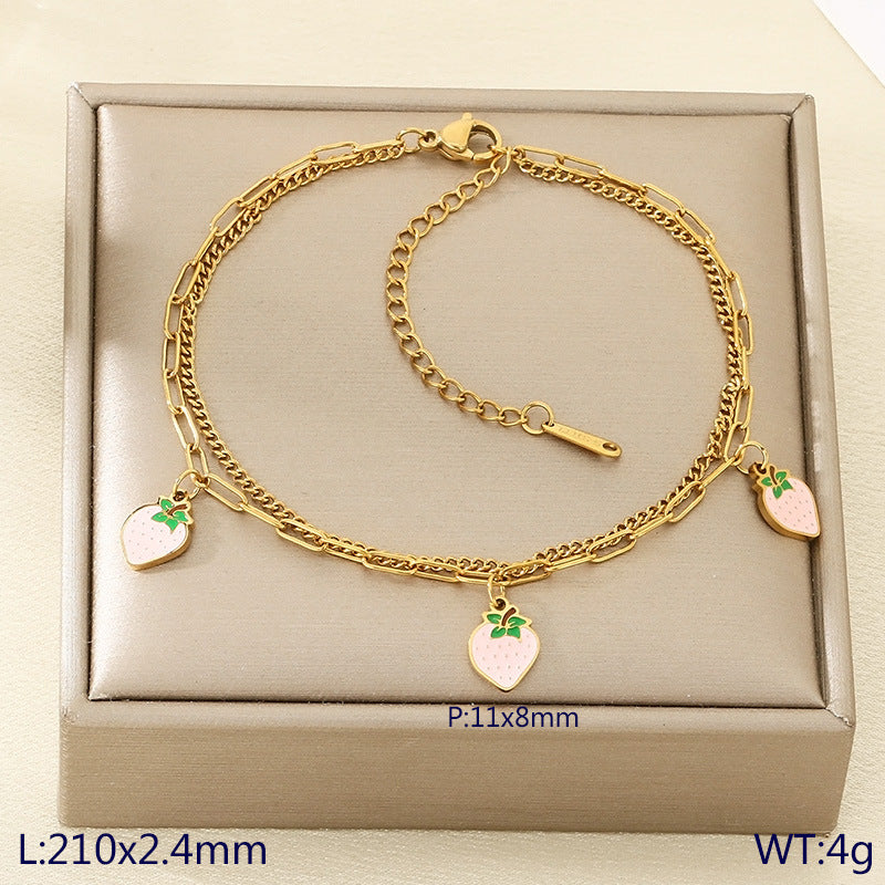 New fresh and sweet fruit series cherry strawberry apple dragon fruit pendant stainless steel double layer stacked anklet
