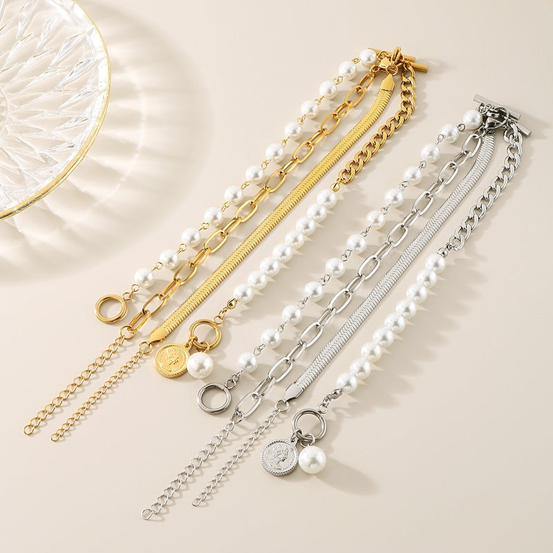 ins Pearl Beaded Flat Snake Chain Bracelet Stainless Steel Multi-layer Stacked Pearl Splicing Chain Premium Titanium Steel Jewelry
