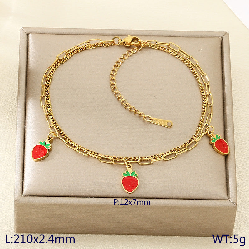 New fresh and sweet fruit series cherry strawberry apple dragon fruit pendant stainless steel double layer stacked anklet