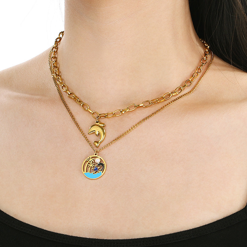 European and American Ocean Wind Coconut Tree Round Brand Necklace Women's Hollow Pearl Turquoise Stainless Steel Starfish Double Clavicle Chain