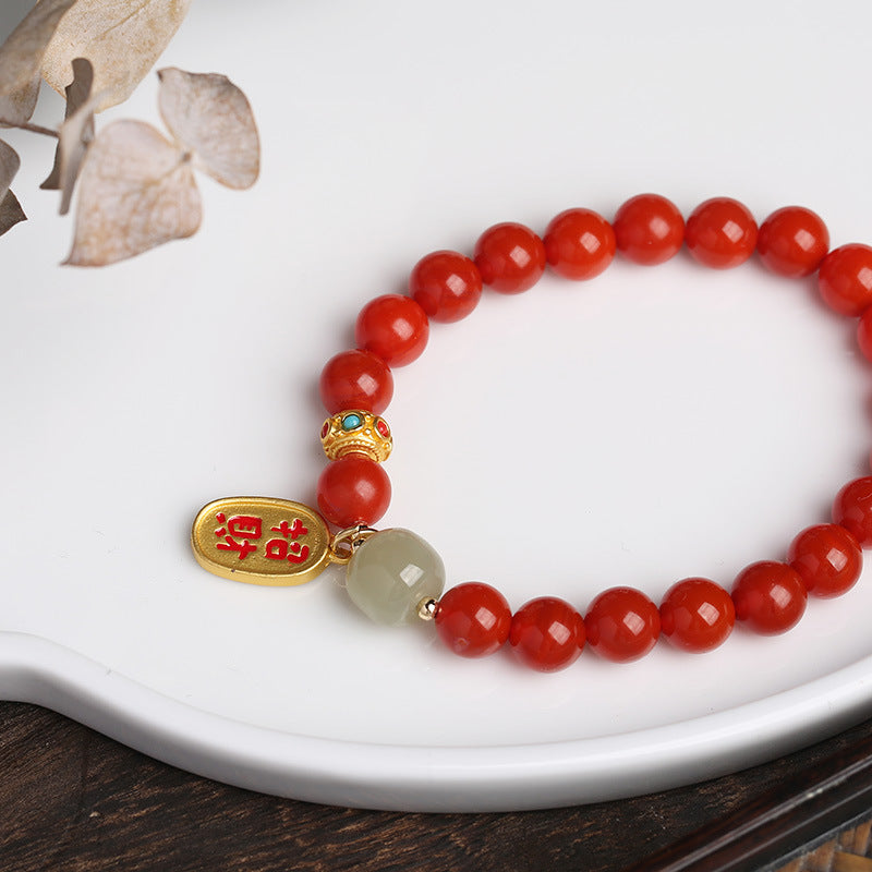 8mm红玛瑙手链仿南红手串DIY和田玉桶珠搭古法金配饰情侣手饰