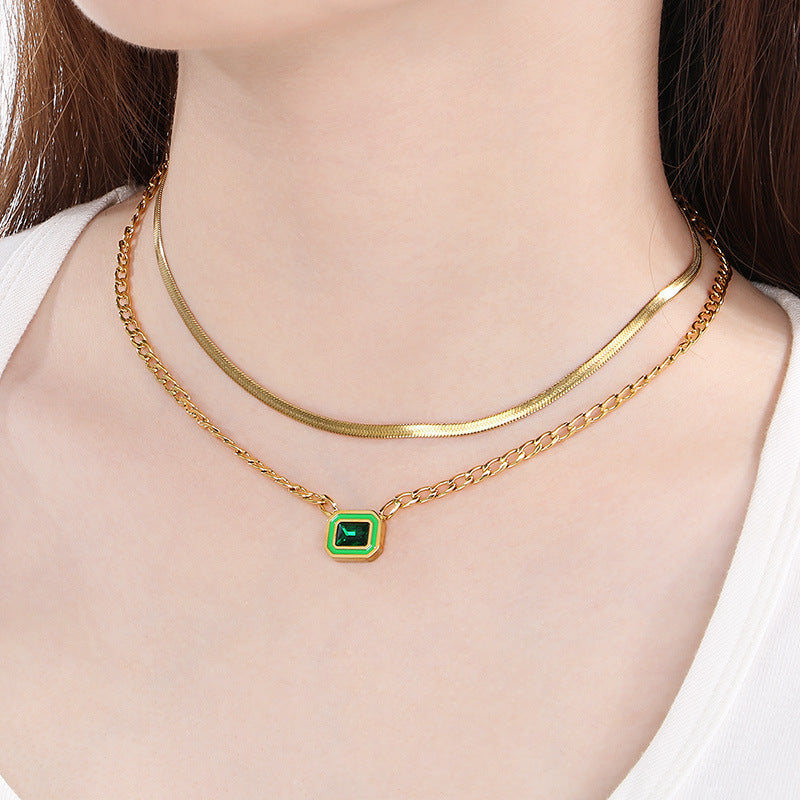 Gold Layered Chain Necklace with Square Gem Pendant