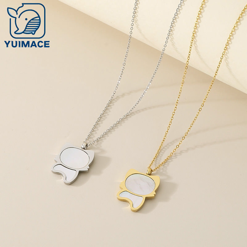 Daily childlike fun cute kitten feeling premium white fritillary pendant titanium steel necklace female niche design collarbone chain necklace