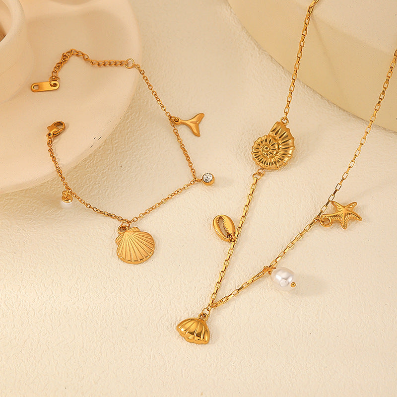 Stainless Steel Seashell Charm Necklace & Bracelet Set
