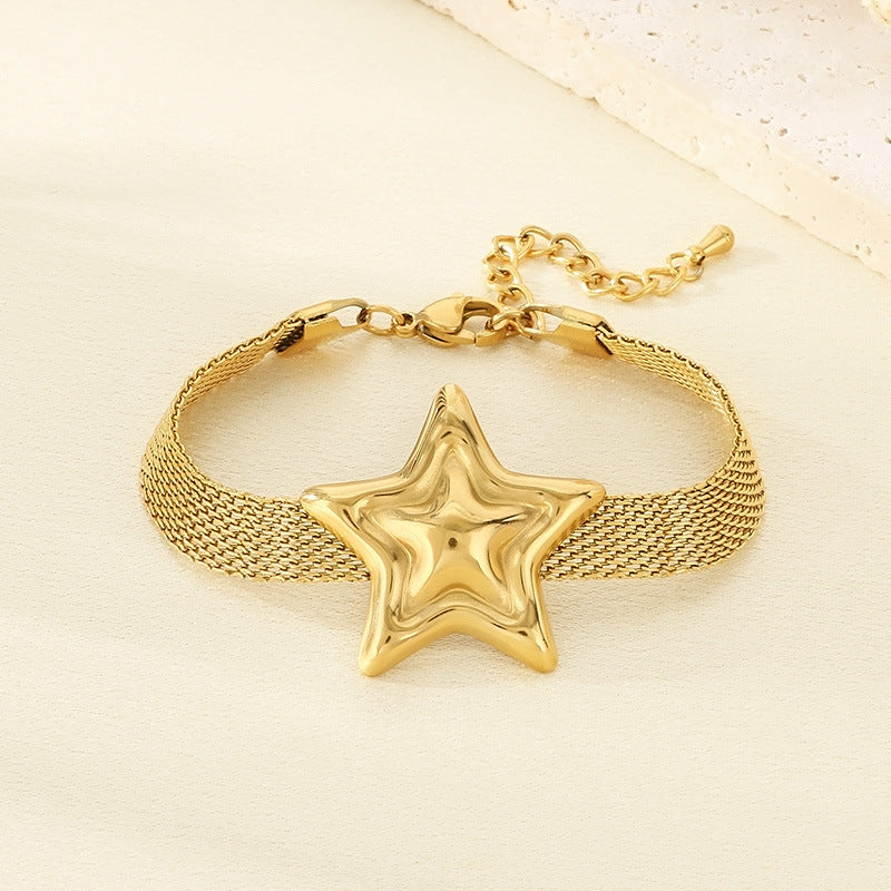 Fashion Creative Personality Stainless Steel Gold Braided Mesh Strap Chain Pentagram Pendant Bracelet Jewelry