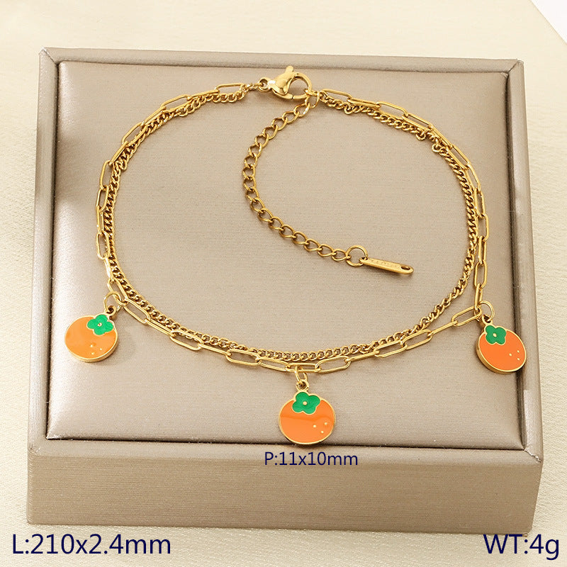 New fresh and sweet fruit series cherry strawberry apple dragon fruit pendant stainless steel double layer stacked anklet