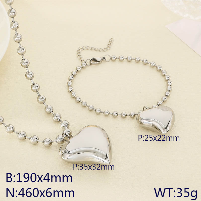 Cross-border fashion stainless steel love pendant jewelry simple titanium steel round bead neck chain bracelet versatile jewelry two-piece set