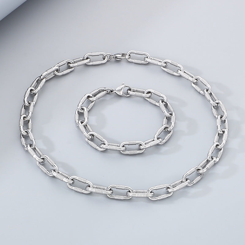 Cross-border cold wind stainless steel threaded bracelet necklace personalized Cuban thick buckle ring unisex jewelry two-piece set