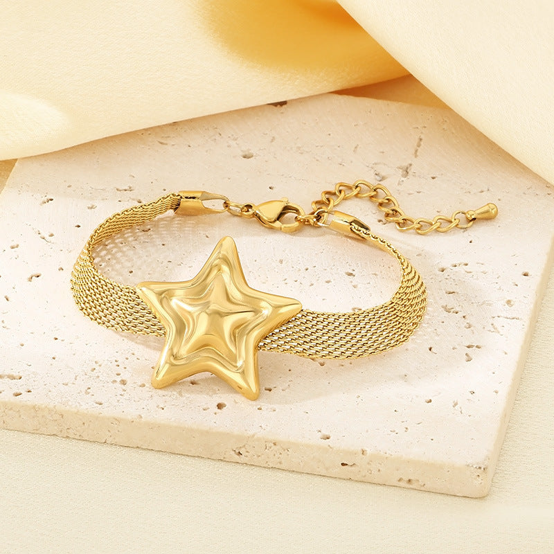 Fashion Creative Personality Stainless Steel Gold Braided Mesh Strap Chain Pentagram Pendant Bracelet Jewelry