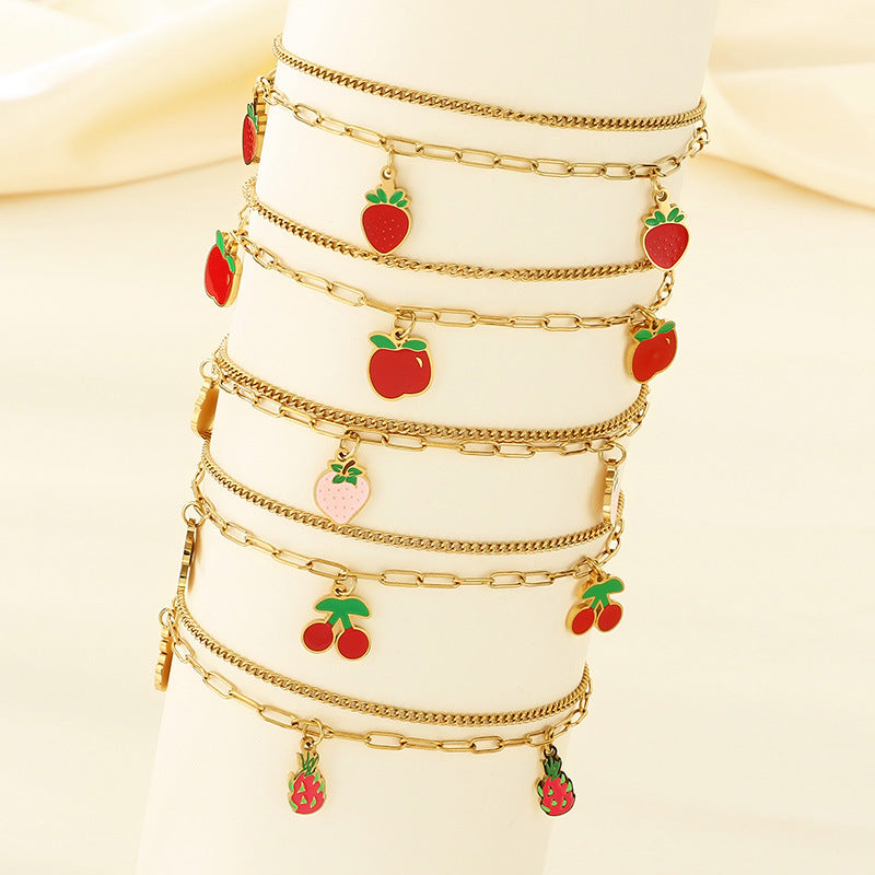 New fresh and sweet fruit series cherry strawberry apple dragon fruit pendant stainless steel double layer stacked anklet