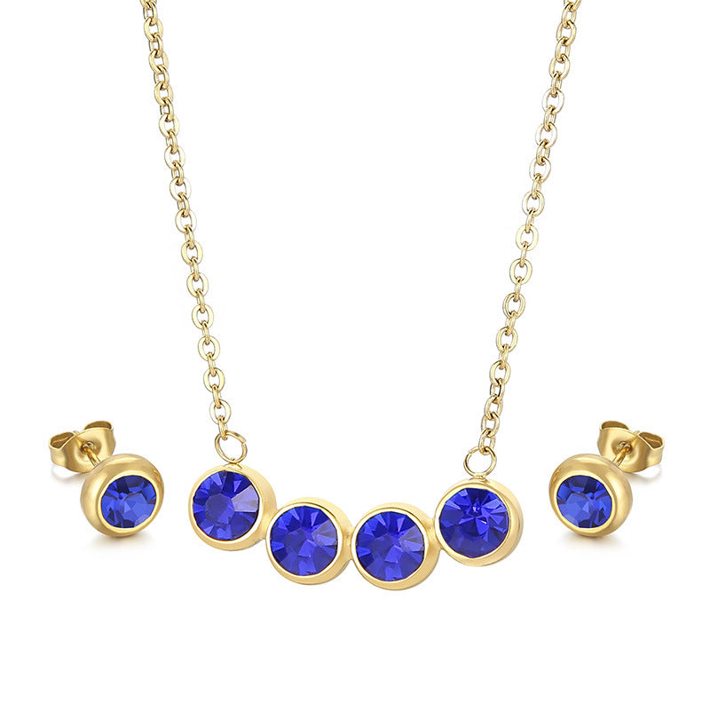 Cross-border popular set jewelry, stainless steel girls short rhinestone collarbone chain hip-hop necklace stud earrings two-piece set